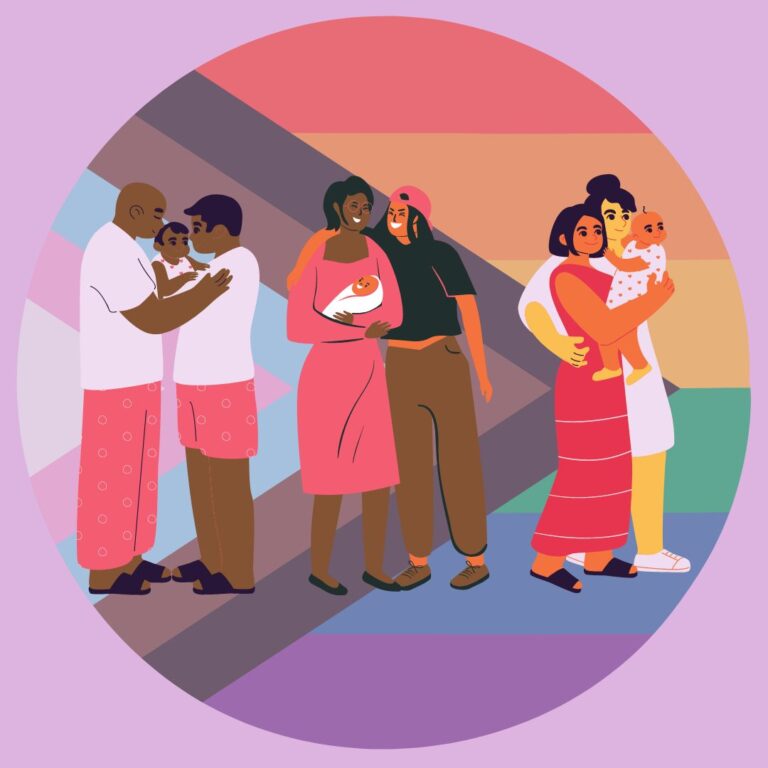 Variety of queer families with progressive flag in the background